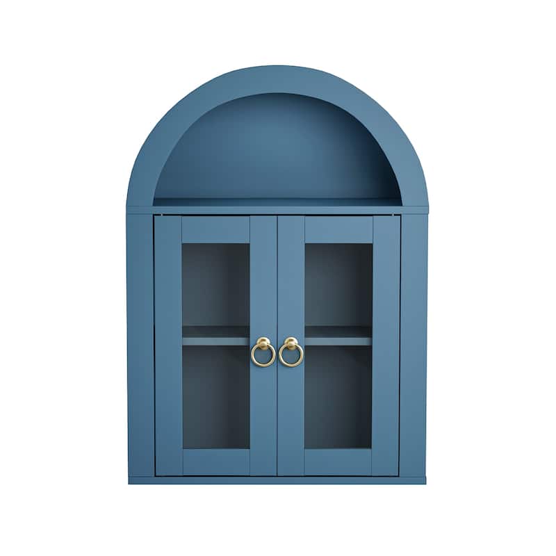 Wall Mounted Arched Cabinet with Glass Doors, Light and Adjustable Shelves for Laundry Room, Bathroom, Kitchen - Turquoise