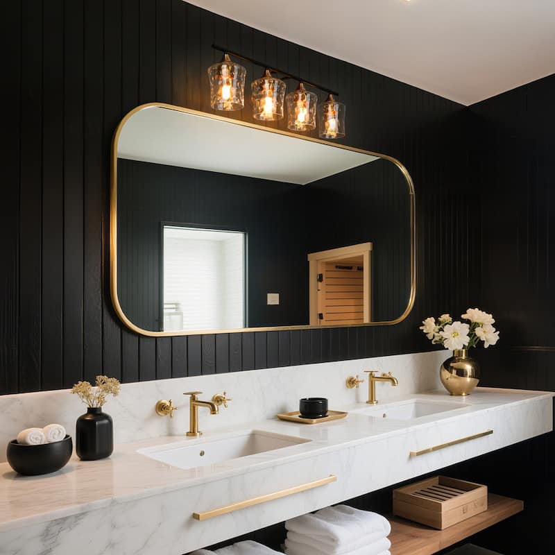 2/3/4-Light Modern Gold Black Bathroom Vanity Light Wall Sconce with Hammered Glass