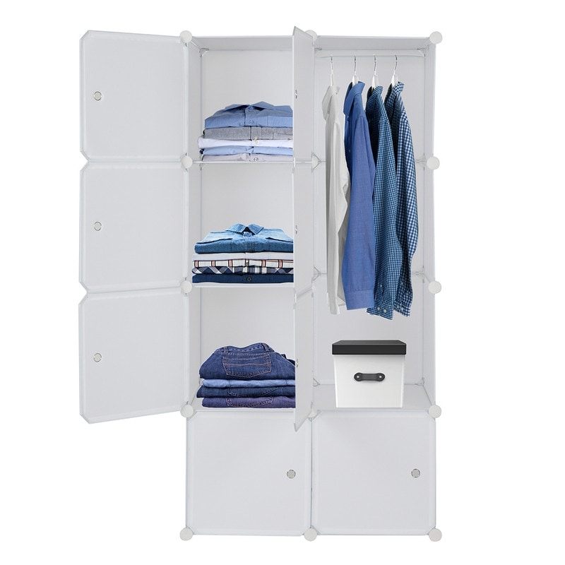 16-Cube Portable Closet, Plastic Wardrobe with Doors & 3 Hangers