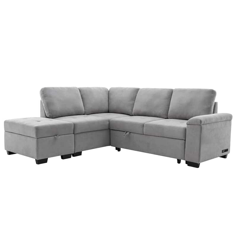 84.75'' L-Shape 5 Seat Sectional Sofa with Pull-Out Bed, Storage Ottoman, Hidden Arm Storage & USB Charging