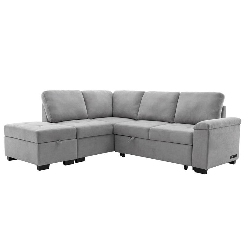 Velvet Sleeper Sectional Sofa, L-Shape Corner Couch Sofa-Bed with Storage Ottoman, Hidden Arm Storage, USB Charge