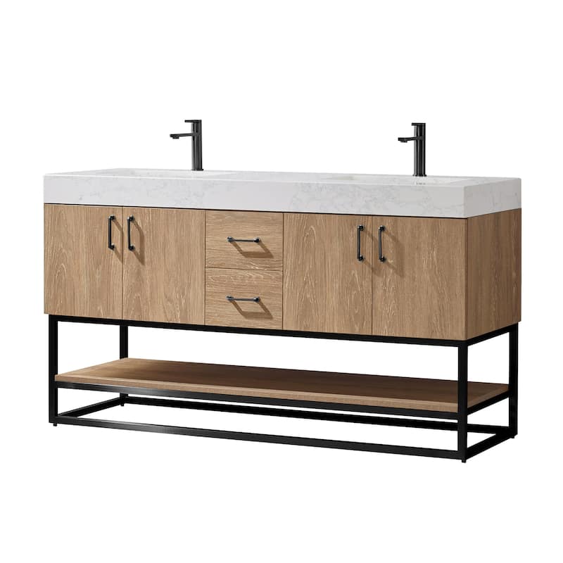 Alistair 60" Double Vanity with White Grain Stone Top without Mirror - 60" - North American Oak(Black Hardware)