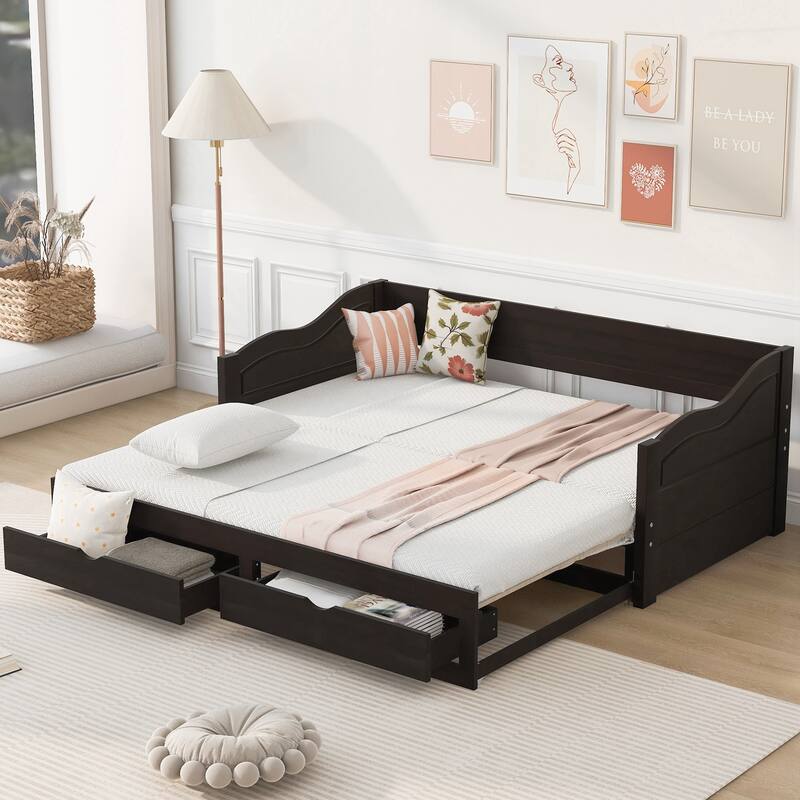 Wooden Daybed with Trundle Bed and Two Storage Drawers