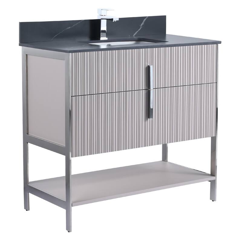 Fine Fixtures Serenity Modern Bathroom Vanity with Black Sintered Stone Top - Bright Taupe - Chrome Hardware - 36 inch
