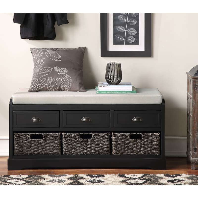 Homes Collection Wood Storage Bench with 3 Drawers and 3 Baskets - Black