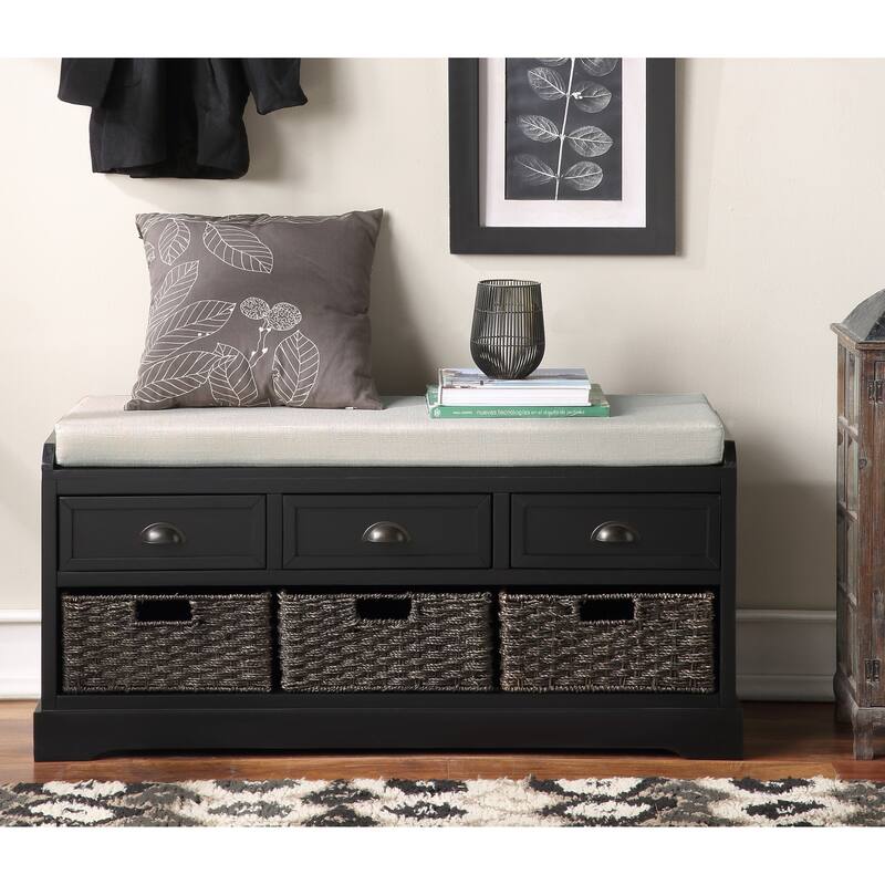 Modern Farmhouse Storage Bench: Organize, Store, and Seat with 3 Drawers & Baskets - Black