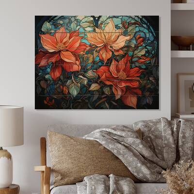 Designart "Red Blue Poinsettia Flower Stained Glass" Floral Print on Natural Pine Wood