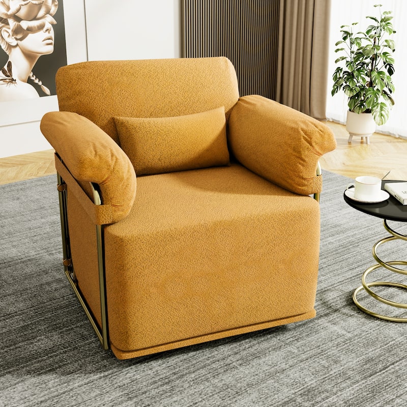 Swivel Accent Chair 360 Degree Rotating Upholstered Lounge Chair with Gold Legs Fluffy Fabric Armchair - Orange