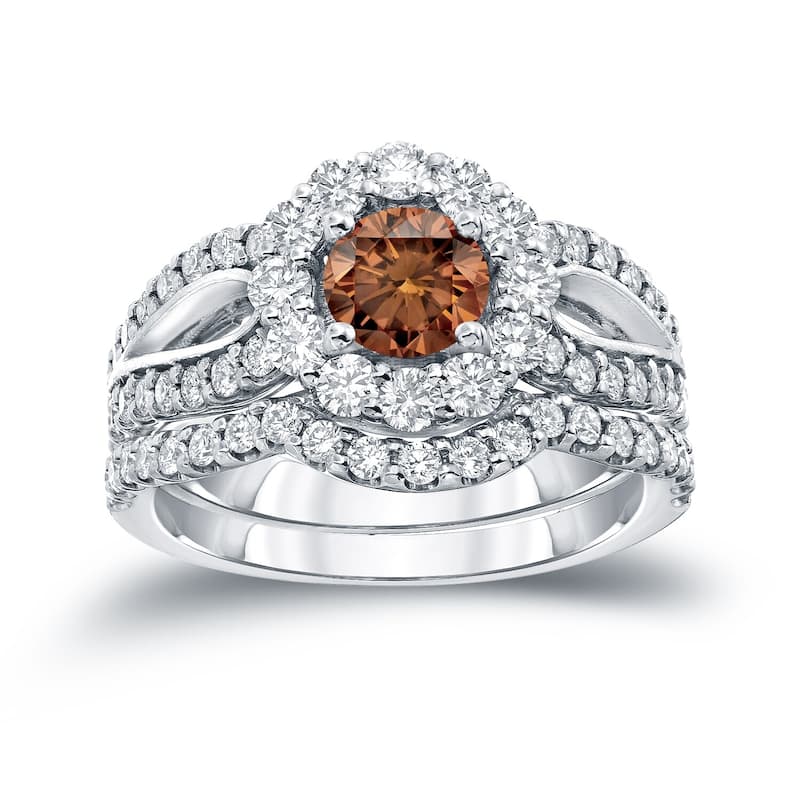 Auriya 2 1/3ctw Halo Brown Diamond Engagement Ring Set 14k Gold - White - 4