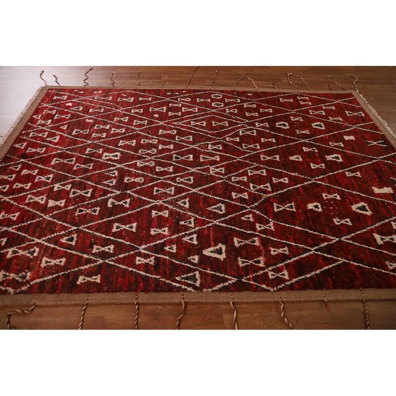 Hand Knotted Oriental 100% Wool Carpet Tribal Trellis Red Moroccan Area Rug - 8' 3'' X 5' 7''