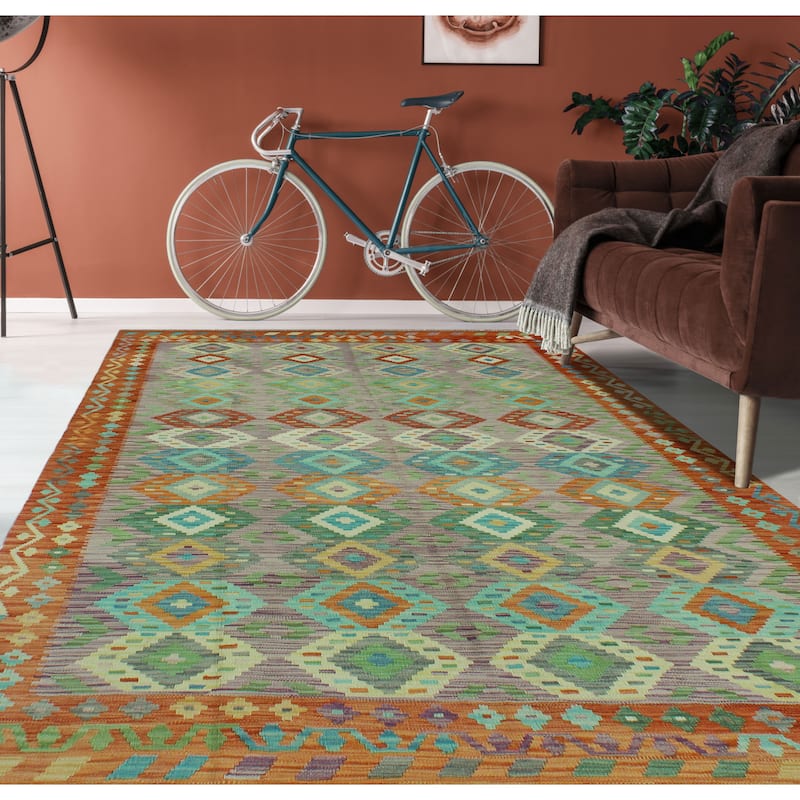 Hand-Woven Sun Faded Kilim Cemile Rust/Purple Rug - 6'8" x 10'0"
