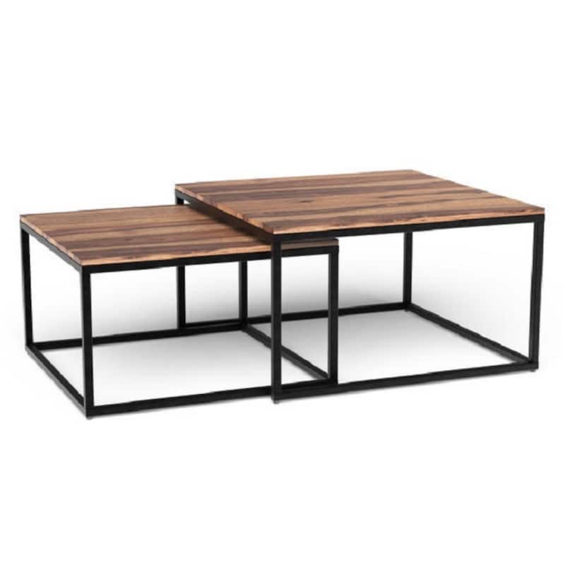 Square Coffee Table with Brown Wood Top and Black Iron Base - 29.5” x 29.5” x 17” - Black-Brown