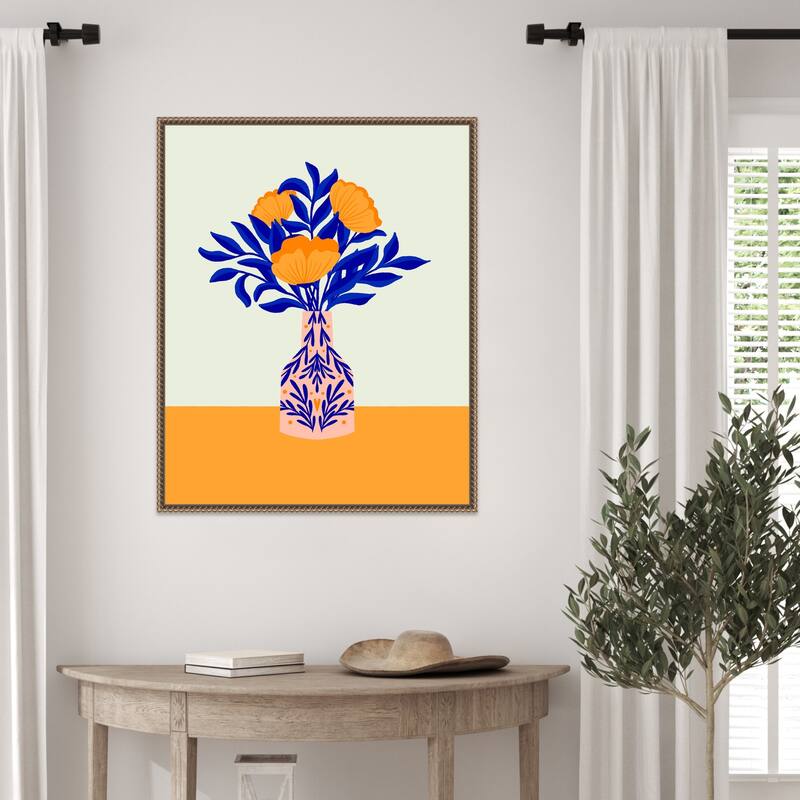 Orange Poppies In a Vase by Angela Minca Framed Canvas Wall Art Print