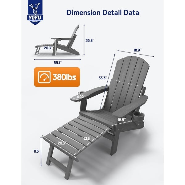 dimension image slide 4 of 6, WINSOON Set of 2 HIPS Folding Adirondack Chair with Adjustable Backrest and Retractable Ottoman