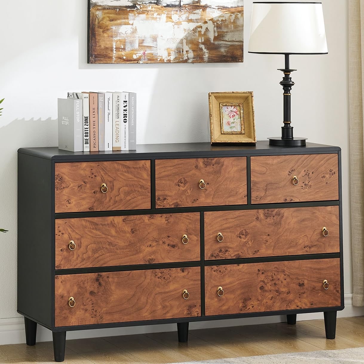 Modern Chest with Vintage Circle Handle & Curved Profile, Wood Dresser for Bedroom Living Room Hallway Entryway