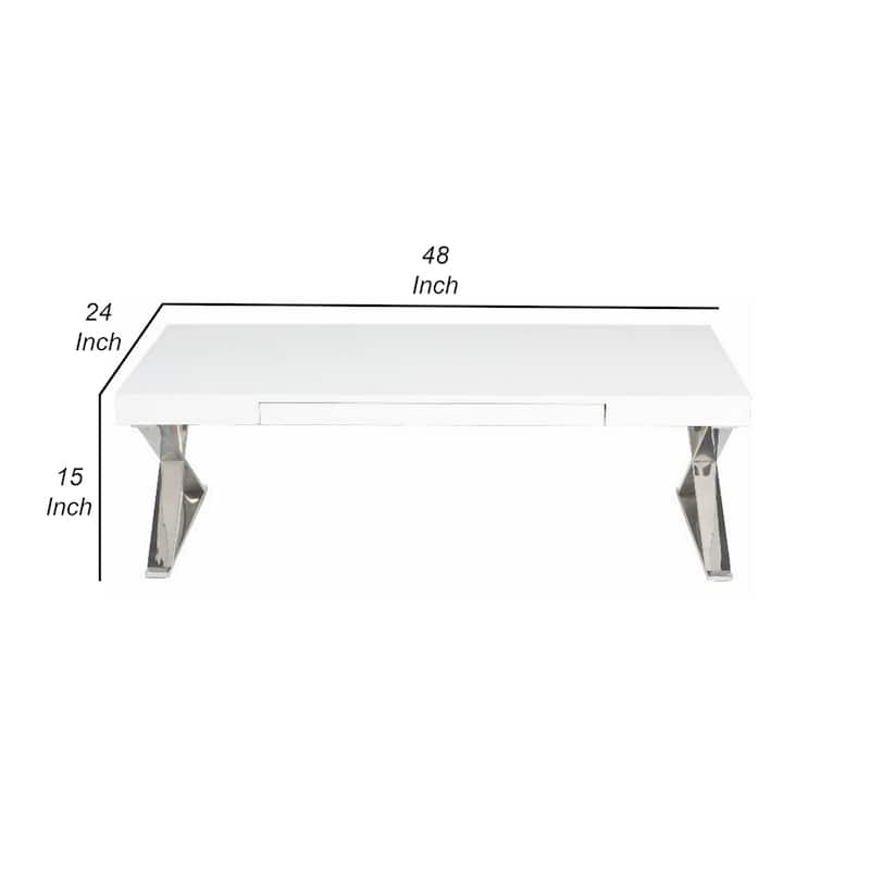 Rix 48 Inch Coffee Table, 1 Drawer, X Shaped Steel Legs, White Wood Top