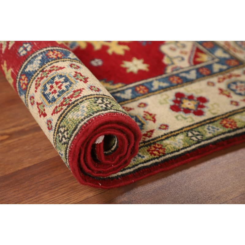 Geometric Red Kazak Accent Rug Handmade Home Decor Wool Carpet - 2'7" x 3'10"