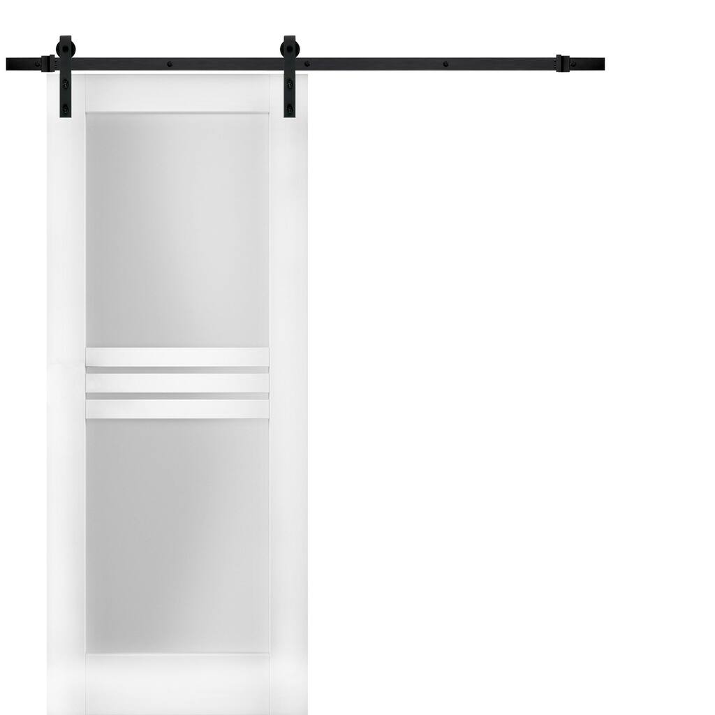 Modern Barn Door Opaque Glass 4 Lites / Mela 7222 White Silk / 6.6FT Rail Track Heavy Hardware Set / Solid Panel Interior Doors