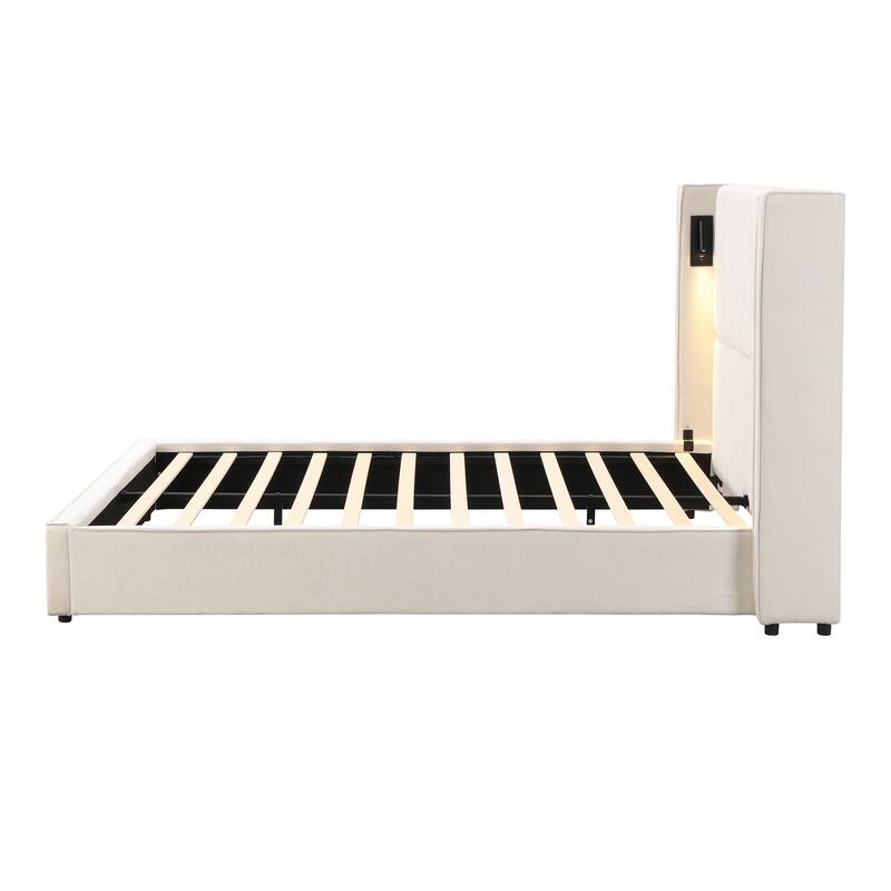 Beige Upholstered Bed Frame with High Wingback Headboard, Reading Lamp and USB Port, Low-Profile Platform Bed for Bedroom