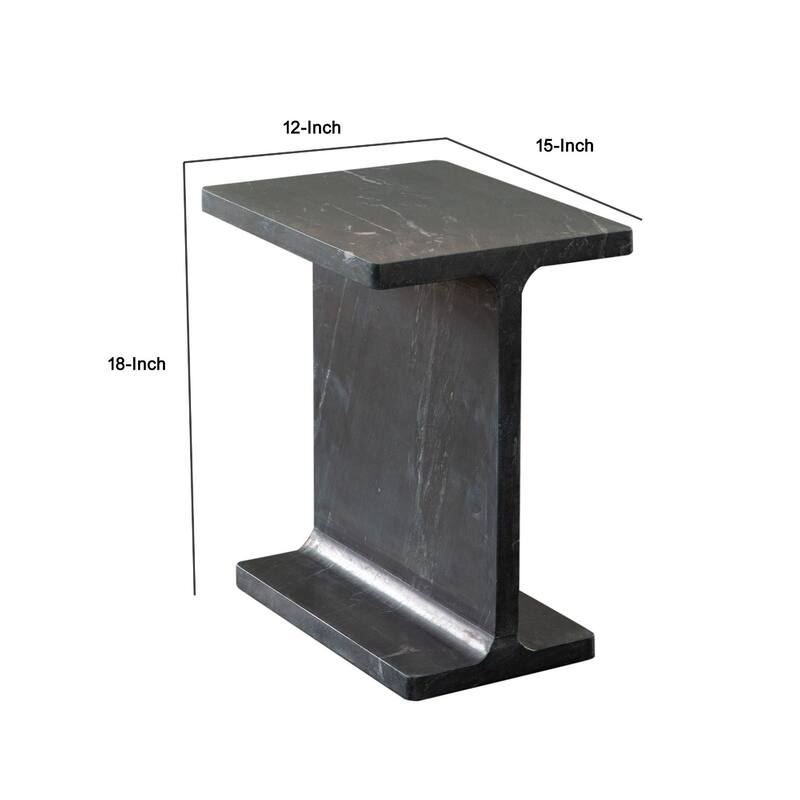 Isy Accent End Table, 15 Inch Black Marquina I-Beam Shaped Natural Marble