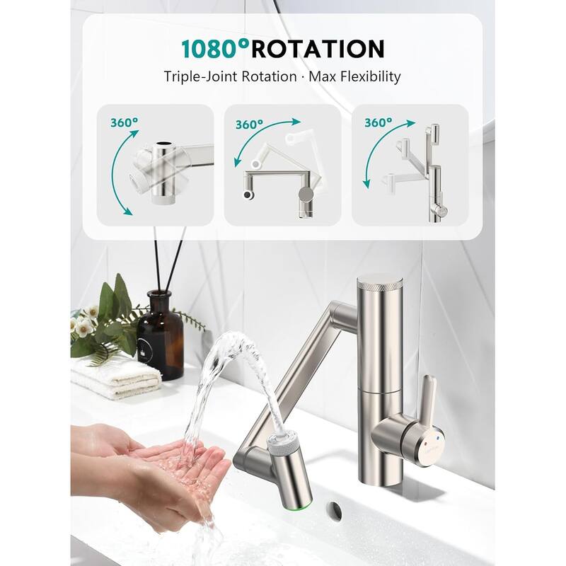 Lefton Rotatable Single Hole Bathroom Sink Faucet with Built-in Filter, Temperature Display in Fahrenheit, 2 Water Modes