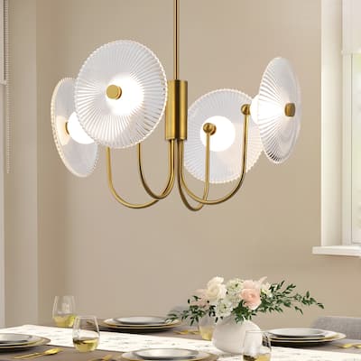 Nordic Ribbed Glass 4 Light LED Integrated Geometric Chandelier Gold or Black