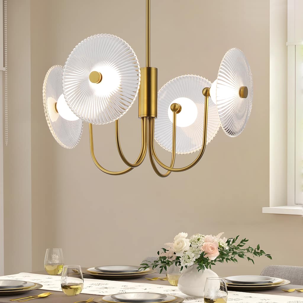 Nordic Ribbed Glass 4 Light LED Integrated Geometric Chandelier Gold or Black