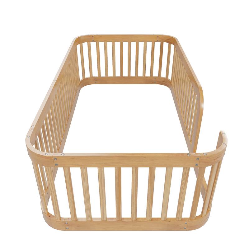 Floor Bed Frame with Fence, Montessori Toddler Bed, No Slats, No Doors, Rounded Corners Wooden Bed