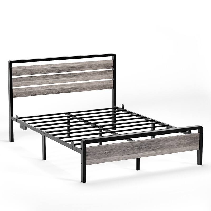 Bed Frame with LED Light and Charging Station, Metal Platform Bed with Wood Headboard