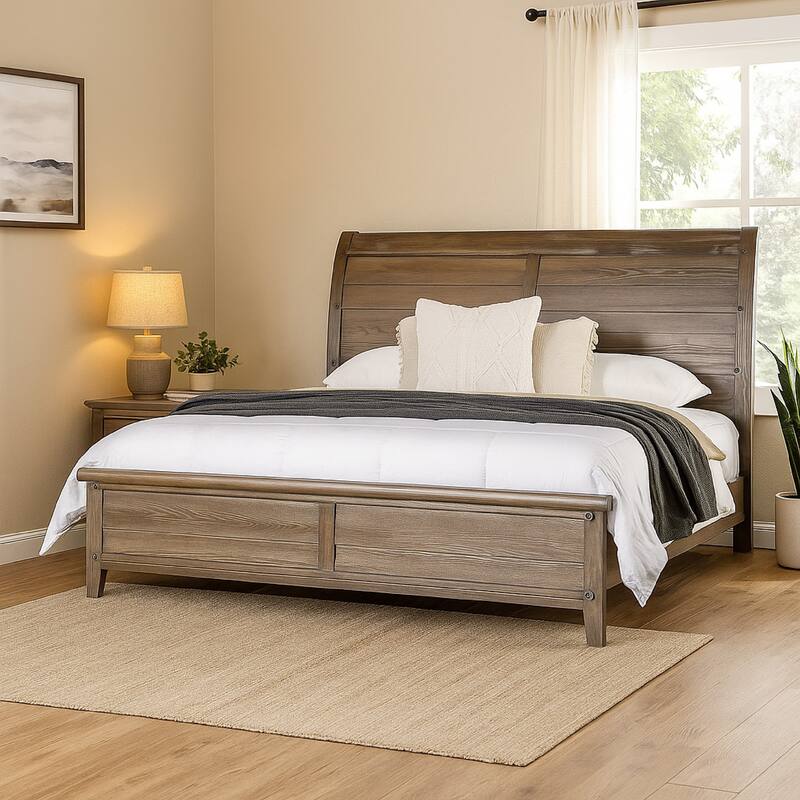 Merry Queen Bed, Curved Panel Headboard, Rivet Accents, Brown Wood