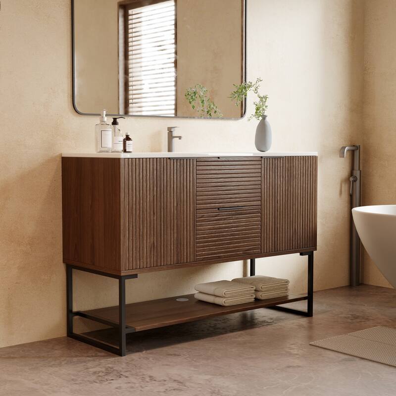 47.24'' Single Bathroom Vanity with Stone Top, Solid Wood, Fully Assembled - Brown - Wood Finish/Glossy