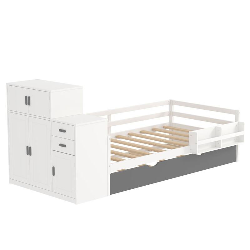 Twin Size Platform Bed with Bookshelf, Movable Wardrobe, Storage Cabinet, Drawer and Pull-out Trundle Bed, Wood Daybed Frame