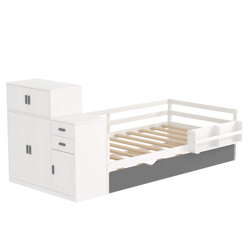 Twin Size Wood Platform Bed with Sample Bookshelf and Movable Wardrobe, Multifunctional Bed with Built-in Trundle Bed, White