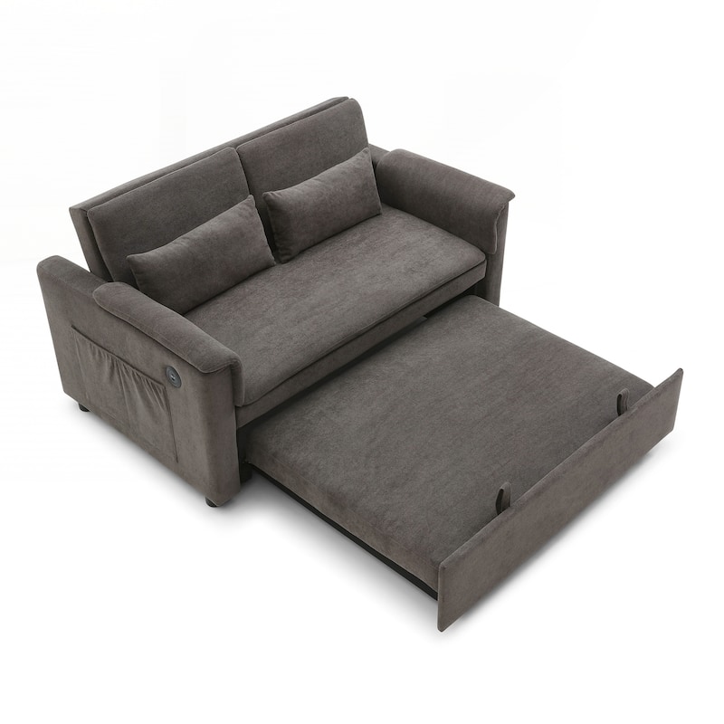 55" Velvet Two Seater Pull Out Sofa Bed, Adjustable Backrest With USB Ports, Two Side Pockets