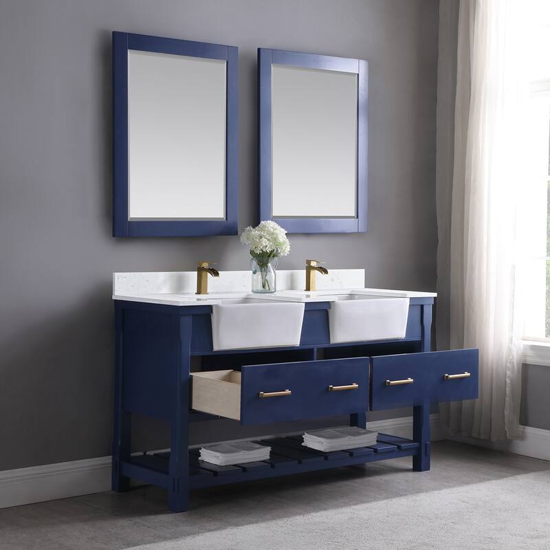 Altair Georgia Double Bathroom Vanity Set and Aosta White Stone Countertop with Farmhouse Basin with Mirror