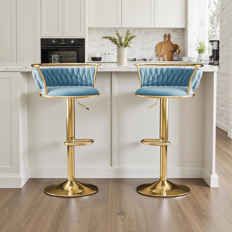 Velvet Upholstered Adjustable Bar Stool Swivel Counter Chair Set of 2 - Blue/Gold - Set of 2