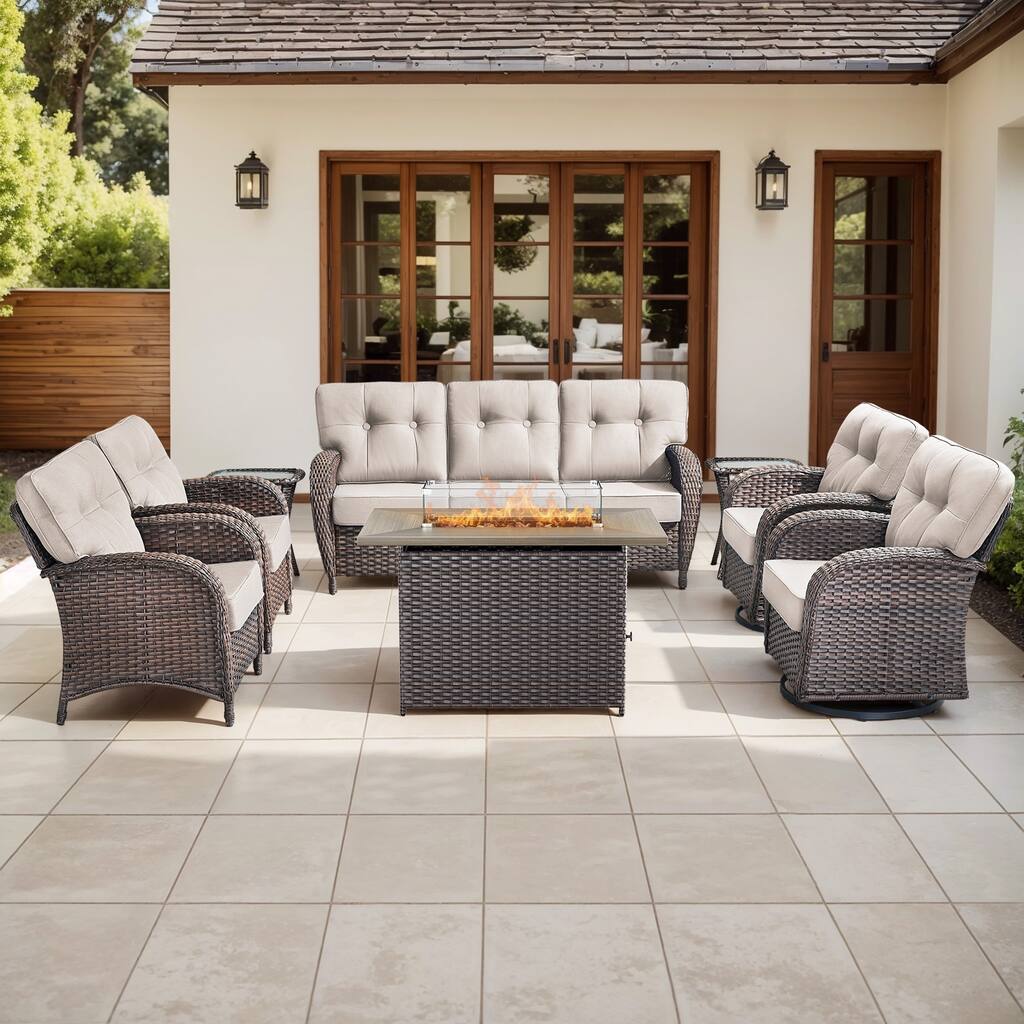 Gymojoy Outdoor Wicker Patio Furniture Sofa Set with 55,000 BTU Fire Pit Table, Swivel Chairs & Thick Cushions
