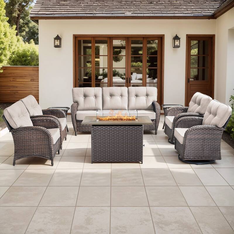 Gymojoy Outdoor Wicker Patio Furniture Sofa Set with 55,000 BTU Fire Pit Table, Swivel Chairs & Thick Cushions - Brown Wicker / Beige Cusion - 8-Piece