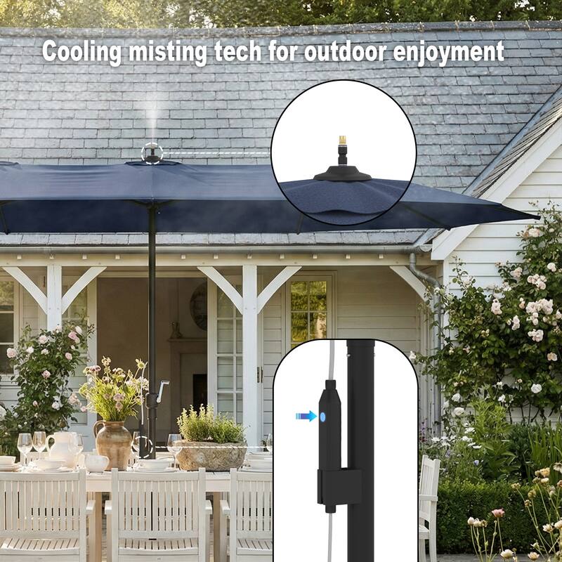 15 FT Double-Sided Patio Umbrella with Base Included, Electric Misting System 4-Level Wind Resistant Outdoor Market Umbrella