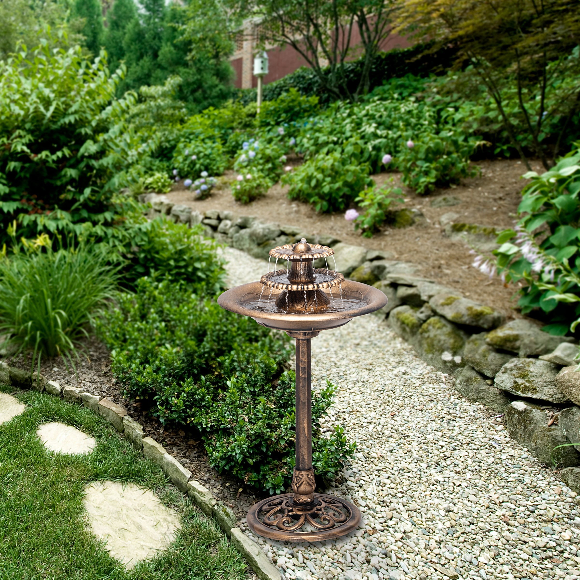 Alpine Corporation 35” Tall Outdoor 3-Tier Pedestal Birdbath Fountain Vintage Cascading Water Feature for Garden, Bronze