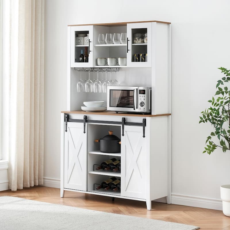 70'' Wine Bar Cabinet with Storage Hutch, Tall Coffee Bar Cabinet with Sliding Barn Doors, Bottle Glasses Rack