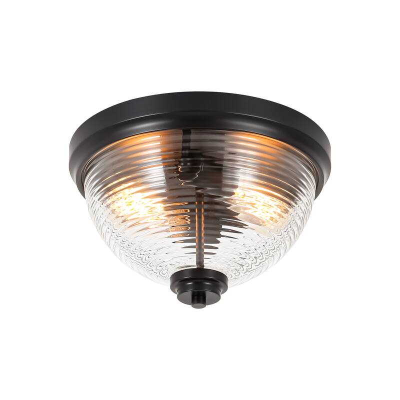 11.8 in. 2-Light Modern Matte Black Dome Flush Mount Ceiling Light with Clear Ribbed Glass Shade for Bedroom