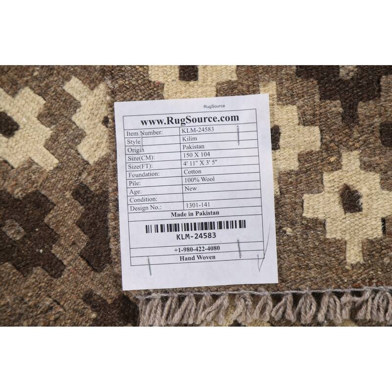 Brown Geometric Kilim Oriental Area Rug Flatweave Wool Carpet - 3'5"x 4'11"