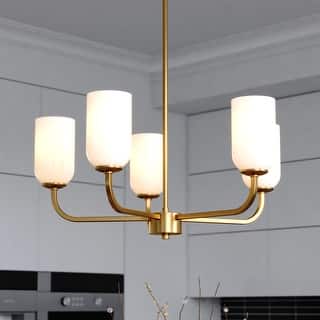 Shelby Natural Brass Gold Transitional Lighting Fixture, Frosted White Opal Glass Cylinder Shade, Dimmable, LED Compatible