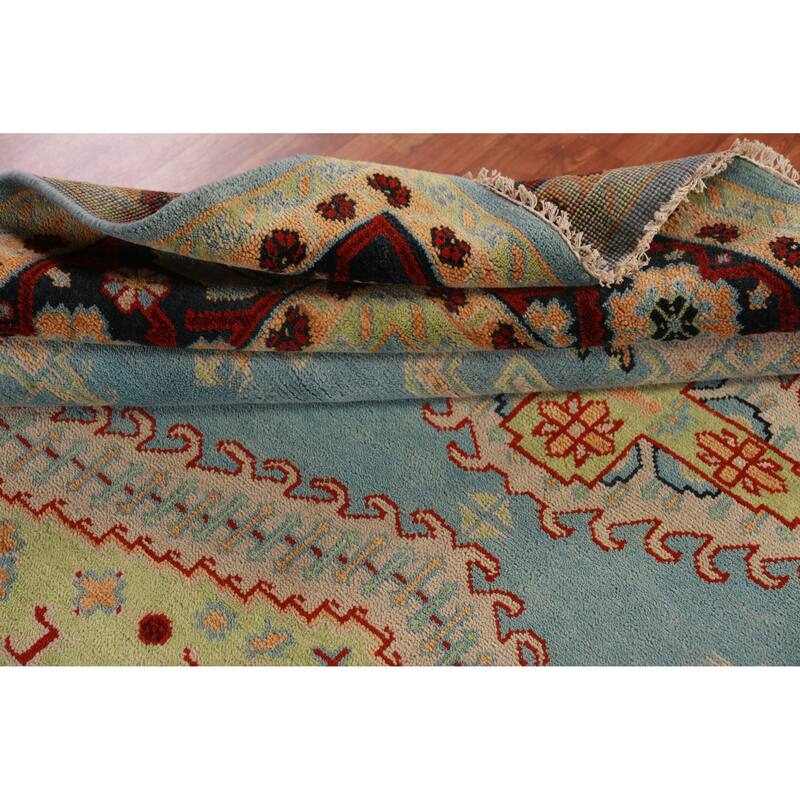 Light Blue Geometric Viss Oriental Large Rug Handmade Wool Carpet - 9'9" x 13'9"