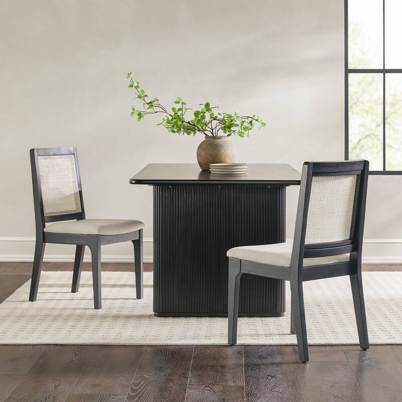 Modern Solid Wood Dining Chair with Rattan Inset Back - Black