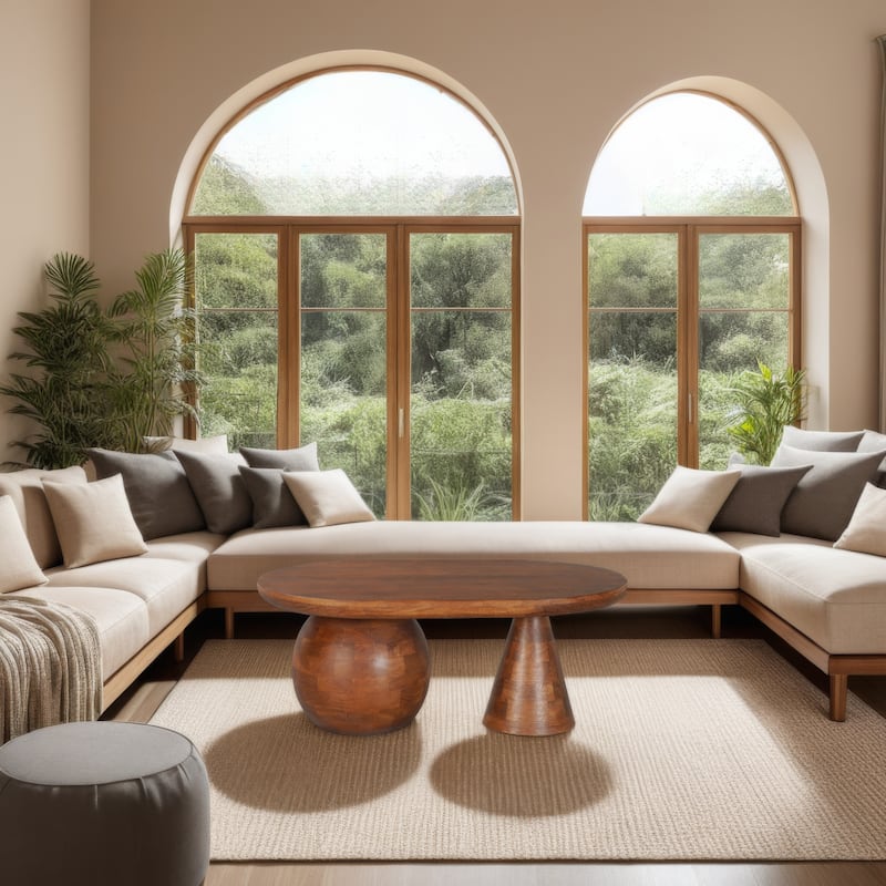 Leeds Coffee Table | 38" Handmade Walnut Brown Mango Wood Oval Top | Round Ball and Cone Base