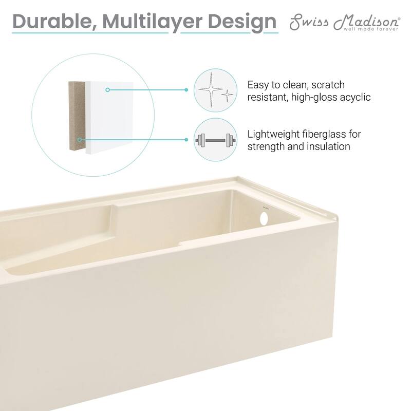 Swiss Madison Voltaire, Acrylic White, Alcove, Integral Armrest, Bathtub with Apron