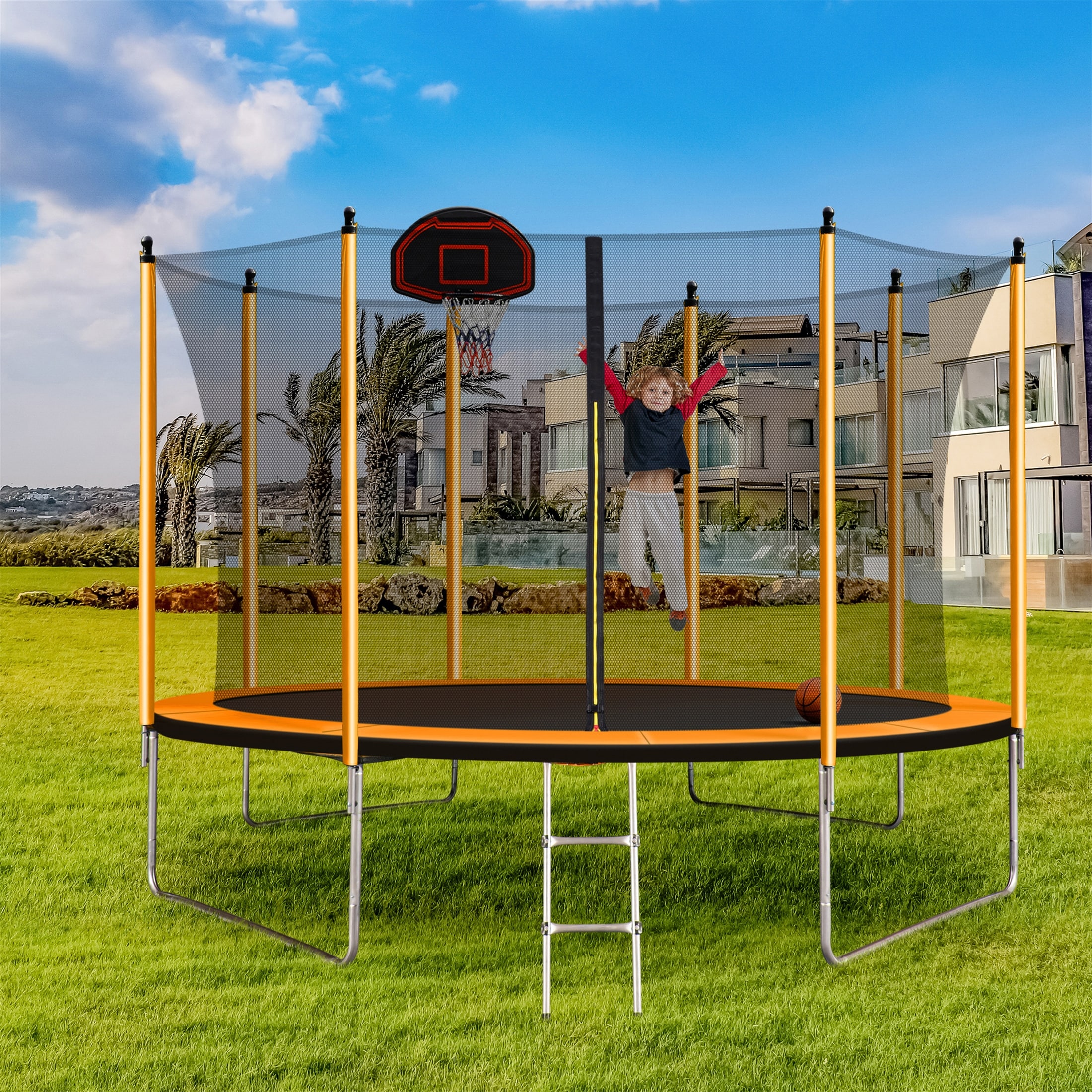 10ft Backyard Trampoline W Inner enclosure Trampoline Ladder Orange Bed Bath Beyond 35870438