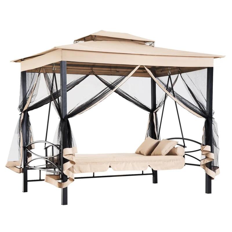 Luxury 3-Seat Patio Swing Chair,Dual Canopy,Mesh Walls,Comfort Cushion